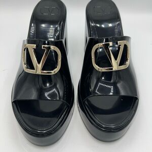 Valentino Black Mules with Gold Logo Accent